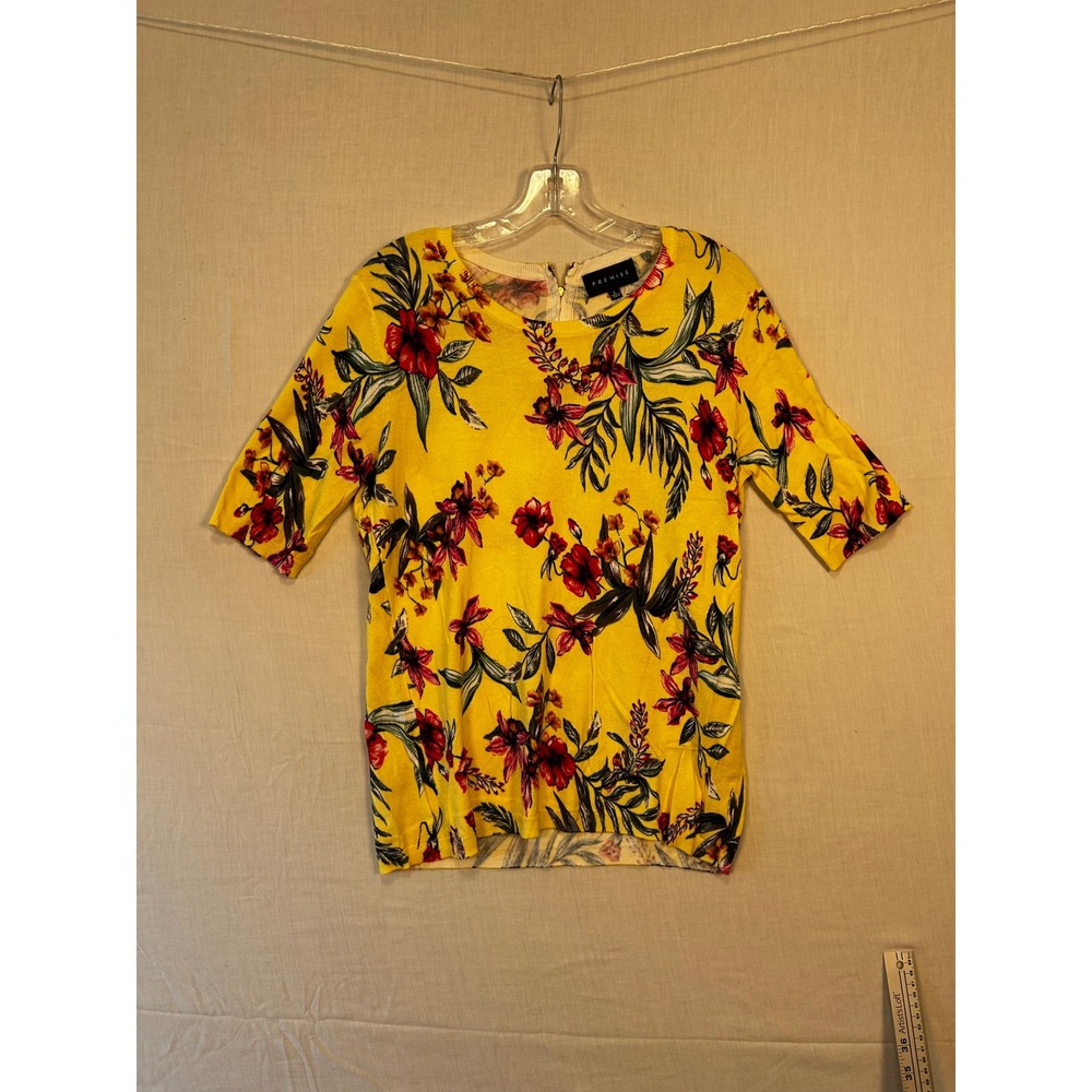 Premise Womens Yellow Tropical Floral Short Sleeve Back Zip Sweater Top Large